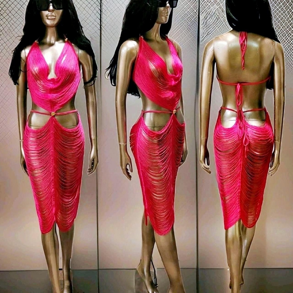 NWT Sunset Pink In Miami Sexy Cut Out Fringe Embellished Ibiza Festival Dress - Picture 6 of 16